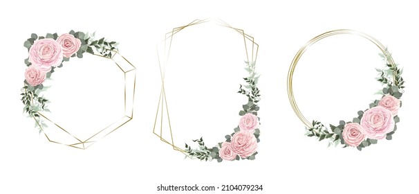 Vector set of floral frames. Pink roses, eucalyptus, green leaves and plants, golden frames. Template for wedding design