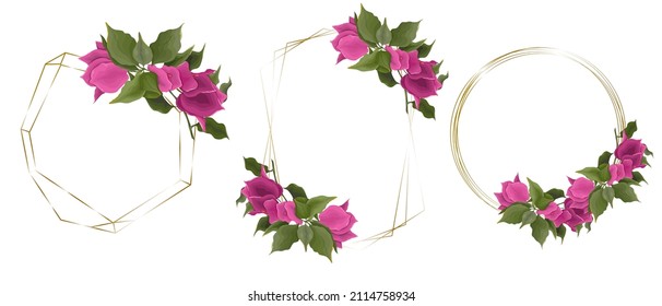 Vector set of floral frames. Pink bougainvillea, golden frames. Elements for design on a white background.