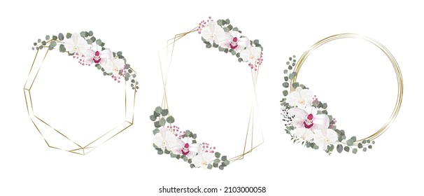 Vector set of floral frames. White and pink orchids, gypsophila, eucalyptus, golden frames. Elements for design on a white background.