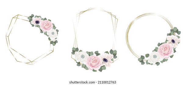 Vector set of floral frames. White anemones, pink roses, eucalyptus, golden frames. Elements for design on a white background.