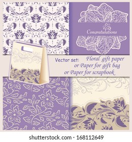 Vector set: Floral gift paper, or paper for gift bag or box, or paper for scrapbook