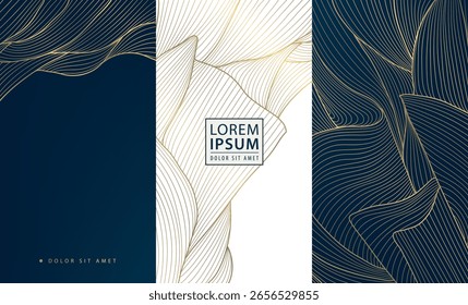 Conjunto de Vector de oro floral art deco etiquetas, línea floral de diseño de lujo. Vino, caja del paquete, perfume, cubiertas de productos de belleza, impresión del follaje, Anuncios