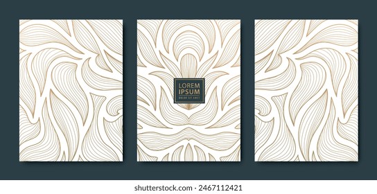 Vector set of floral gold background patterns, art deco leaves line invitations. Elegant frames, luxury plant textures