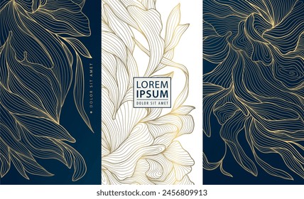 Vector set of floral gold backgrounds, leaf pattern. Use for perfume, box package, wedding design, spa, jewelry, wine, tea. Elegant vintage flower ornament