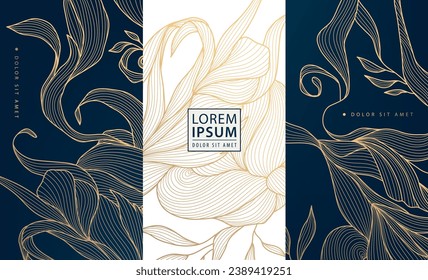 Vector set of floral gold design backgrounds, line luxury art deco leaves labels, frames, banners. Use for wine, cosmetic, lotion, soap, chocolate package. 