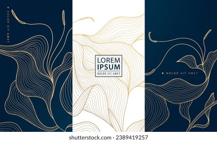 Vector set of floral gold design backgrounds, line luxury art deco leaves labels, frames, banners. Use for wine, cosmetic, lotion, soap, chocolate package. 