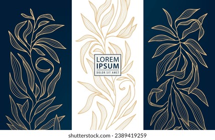 Vector set of floral gold design backgrounds, line luxury art deco leaves labels, frames, banners. Use for wine, cosmetic, lotion, soap, chocolate package. 