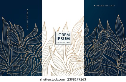 Conjunto vectorial de fondo de diseño de oro floral, línea de lujo art deco deja etiquetas, marcos, banners. Se utiliza para el vino, el cosmético, la loción, el jabón y el paquete de chocolate. 