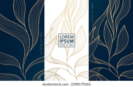 Vector set of floral gold design backgrounds, line luxury art deco leaves labels, frames, banners. Use for wine, cosmetic, lotion, soap, chocolate package. 