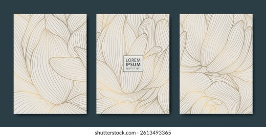 Vector set of floral gold line wavy covers, japanese luxury leaves and flowers ornament. Asian style spring background, greeting pattern