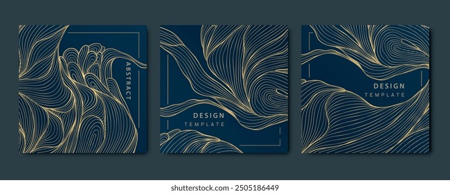 Vector set of floral gold patterns, luxury leaf, flower cards, square line plant vintage ornament. 