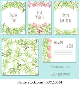 Vector Set of Floral Greeting Cards and Herbal Pattern