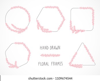 Vector set of floral hand drawn frames and decorative elements.