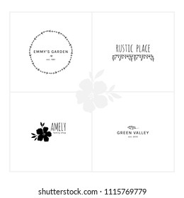 Vector set of floral hand drawn logo templates in elegant and minimal style. Illustrations with a text samples. For badges, labels, logotypes and branding business identity.