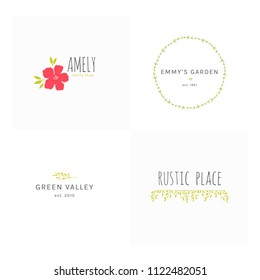 Vector set of floral hand drawn logo templates in elegant and minimal style. Illustrations with a text samples. For badges, labels, logotypes and branding business identity.