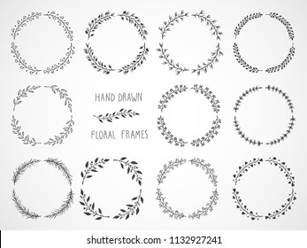 Vector set of floral hand drawn round frames.