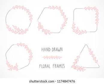 Vector set of floral hand drawn frames and decorative elements.