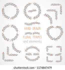 Vector set of floral hand drawn frames and decorative elements.