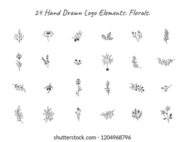 Vector set of floral hand drawn elements in elegant and minimal style. Isolated objects, flowers and branches with leaves. For badges, labels, logotypes and branding business identity.