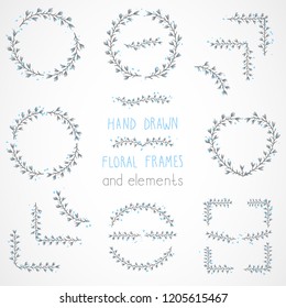 Vector set of floral hand drawn frames and decorative elements.