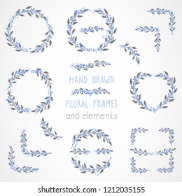 Vector set of floral hand drawn frames and decorative elements.