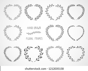 Vector Set Of Floral Hand Drawn Frames In The Shape Of A Heart. 