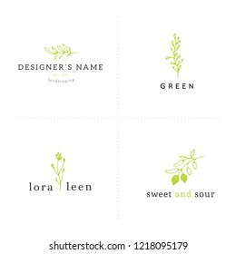 Vector set of floral hand drawn logo templates in elegant and minimal style. Isolated objects, flowers and branches with leaves. For badges, labels, logotypes and branding business identity.