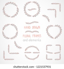 Vector set of floral hand drawn frames and decorative elements.