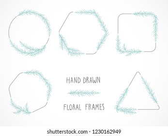 Vector set of floral hand drawn frames and decorative elements.