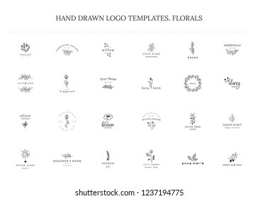 Vector set of floral hand drawn logo templates in elegant and minimal style. Isolated objects, flowers and branches with leaves. For badges, labels, logotypes and branding business identity.