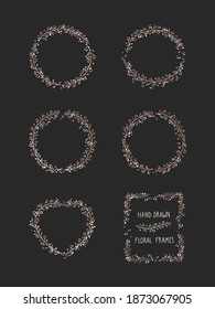 Vector set of floral hand drawn frame on black background. Decorative wreaths collection. Gold and white elements.