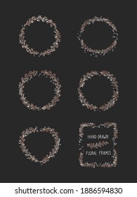 Vector set of floral hand drawn frame on black background. Decorative wreaths collection. Gold and white elements.