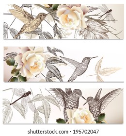 Vector set of floral  hand drawn brochures with hummingbirds for business cards design