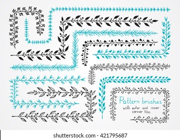 Vector set of floral hand drawn pattern brushes with outer and inner corner tiles. Brushes are included in EPS.