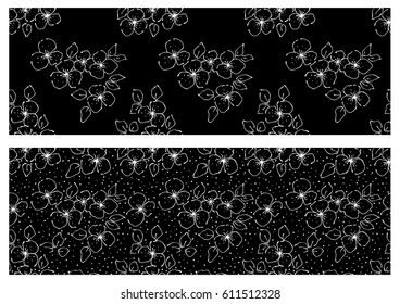 Vector set of floral illustration. Black and white seamless patterns with bouquet with flowers, leaves, decorative elements. Hand drawn contour lines and strokes. Doodle style, graphic illustration