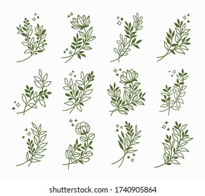 vector set of floral illustration logo elements and flower plant lineart design for sticker, card, tags, wedding invitation, decoration, or banner