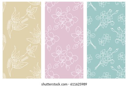 Vector set of floral illustration. Seamless patterns with bouquet with flowers, leaves, decorative elements. Hand drawn contour lines and strokes. Doodle style, graphic illustration