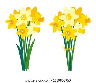 Vector set of floral illustrations isolated on white. Early spring garden flowers. Yellow narcissus. Growing daffodils. Bouquet for bright festive greeting card, poster, banner. Womens Day