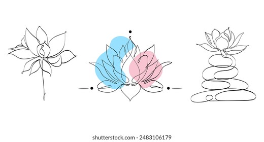 Vector set of floral illustrations. Lotus flower design. Lotus flowers in one line style. Flower clipart.