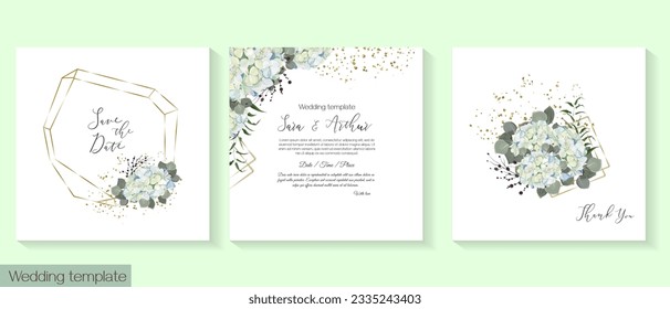 Vector set of floral invitations for a celebration. White blue hydrangea, golden elements, eucalyptus, plants and berries