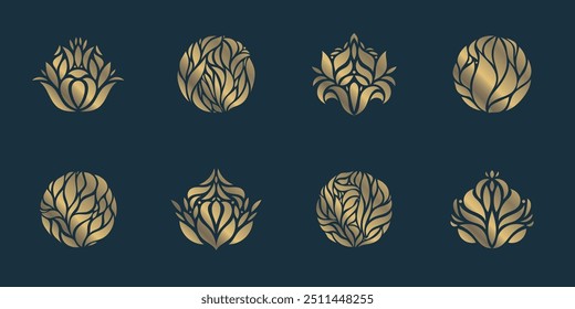 Vector set of floral leaf golden logos, circle plant emblems, round beauty, bio, therapy organic badges. Lotus, tulip shapes, prints