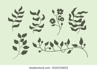 Vector Set Floral Leaf with silhouette 2 color Green. Aesthetic icon foliage