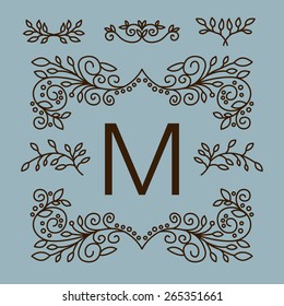 Conjunto de vectores de elementos de diseño de línea floral para logotipos, marcos y bordes en un estilo moderno de línea mono