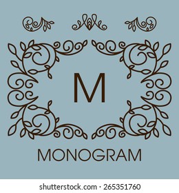 Vector set of floral line design elements for logos, frames and borders in modern trendy mono line style