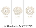 Vector set of floral line luxury logos, leaf design ornament, vintage round organic emblem. Use for spa, jewelry, wine, yoga, etc. Royal badges, elegant oriental motif