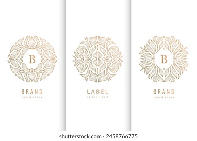 Conjunto de Vector de línea floral logotipos de lujo, adorno de diseño de hojas, emblema orgánico redondo vintage. Uso para spa, joyería, vino, yoga, etc. Insignias reales, elegante motivo oriental