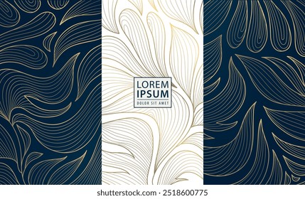 Conjunto de Vector de líneas florales de marcas de lujo, adornos de diseño de oro floral art deco. Vino, café, chocolate, perfume o paquete de joyería, bordes elegantes vintage