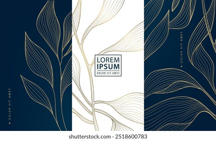 Conjunto de Vector de líneas florales de marcas de lujo, adornos de diseño de oro floral art deco. Vino, café, chocolate, perfume o paquete de joyería, bordes elegantes vintage