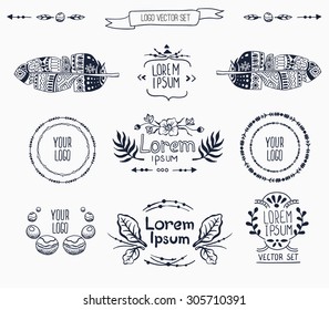 Vector set of floral logo design template, logo branch with ethnic elements and feathers for the invitation, event, wedding (save date), hand drawn sketches. ornament 