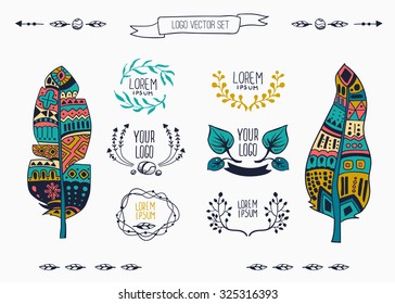 Vector set of floral logo design template, logo branch with ethnic elements and feathers for the invitation, event, wedding (save date), hand drawn sketches. ornament 
